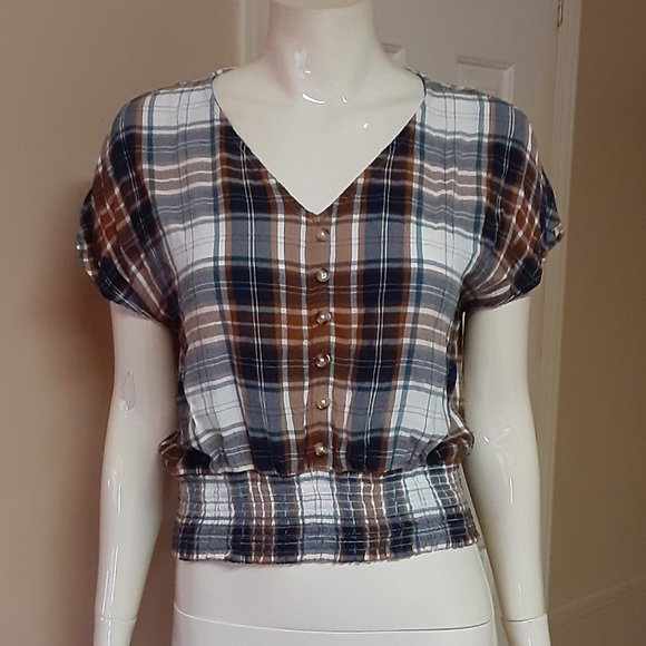Maurices Tops - Maurices Button Up Plaid Top W/ Elastic Waist